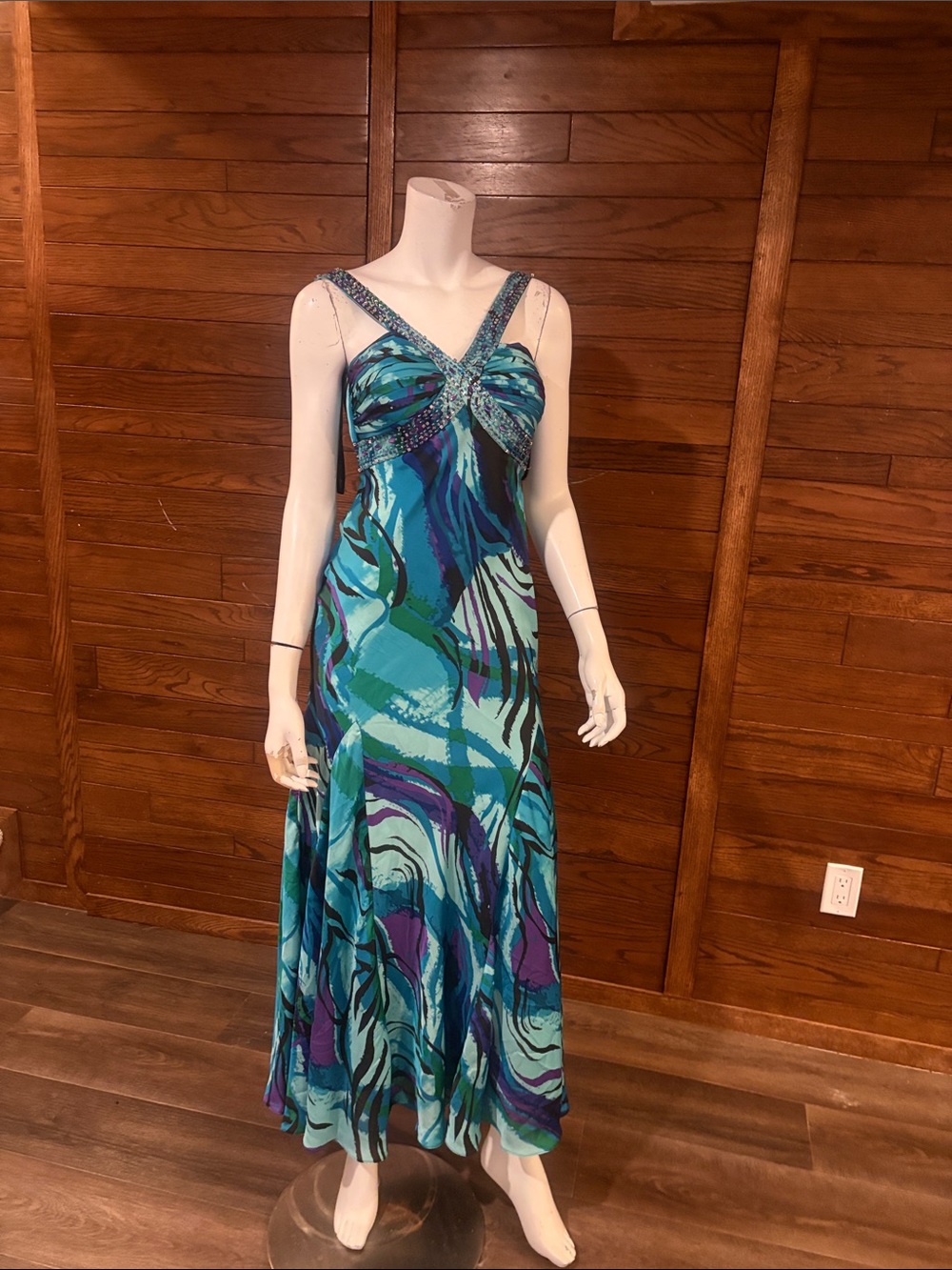 Blue & Teal Abstract Beaded Strap Maxi Dress